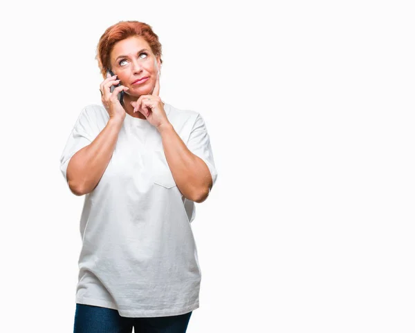 Atrractive Senior Caucasian Redhead Woman Talking Smartphone Isolated Background Serious — Stock Photo, Image