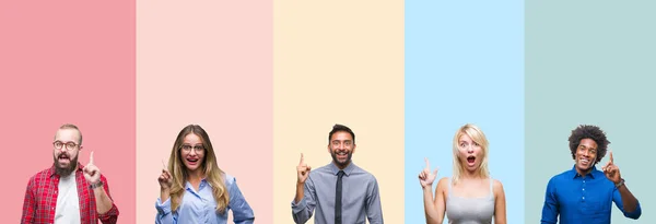 Collage Diferentes Etnias Jóvenes Sobre Rayas Coloridas Fondo Aislado Señalando —  Fotos de Stock