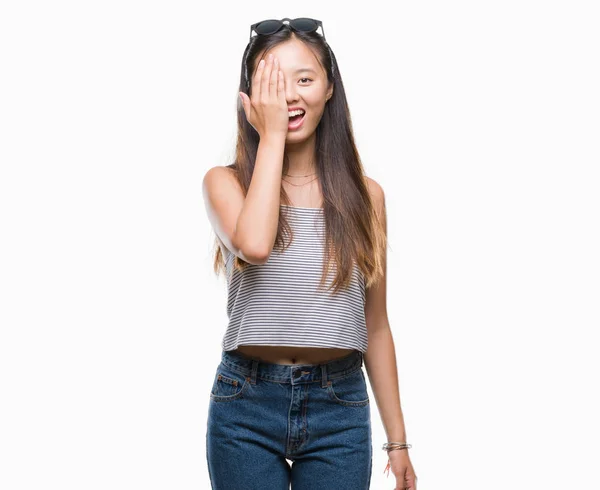 Young Asian Woman Wearing Sunglasses Isolated Background Covering One Eye — Stock Photo, Image