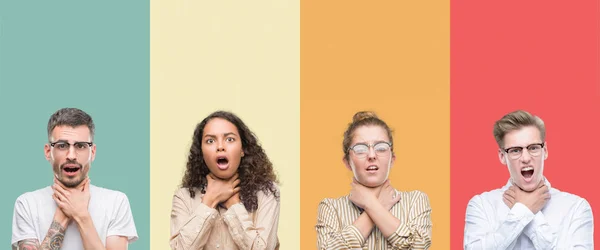 Colagem Grupo Pessoas Isoladas Sobre Fundo Colorido Gritando Sufocar Porque — Fotografia de Stock