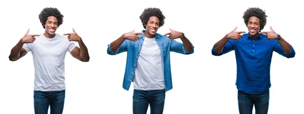 アフリカ系アメリカ人の若い上半身裸男と自信を示すと指歯と口を指して笑って孤立の背景上のビジネスの男性のコラージュ 健康の概念 — ストック写真