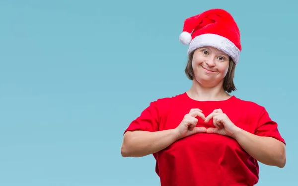 Mujer Adulta Joven Con Síndrome Con Sombrero Navidad Sobre Fondo — Foto de Stock