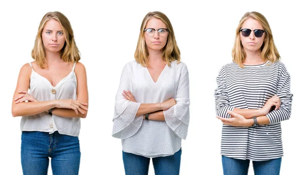 Collage Hermosa Mujer Rubia Sobre Fondo Blanco Aislado Escéptico Nervioso — Foto de Stock