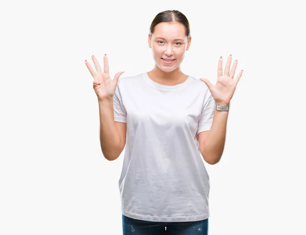 Молодая Красивая Белая Женщина Изолированном Фоне Показывает Показывает Пальцами Номер — стоковое фото