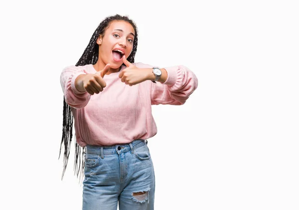 Jovem Trançado Cabelo Afro Americano Menina Vestindo Suéter Sobre Fundo — Fotografia de Stock