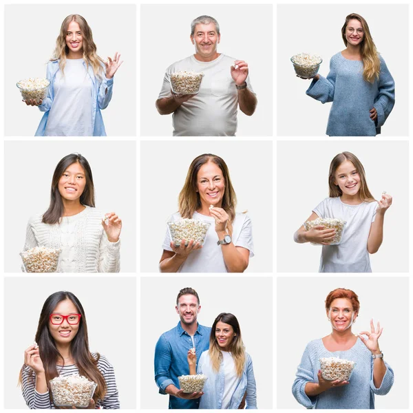 Collage Grupo Personas Comiendo Palomitas Maíz Sobre Fondo Aislado Con — Foto de Stock