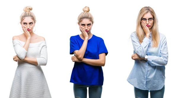 Collage Unga Vackra Blonda Kvinnan Över Isolerade Bakgrund Tänkande Ser — Stockfoto