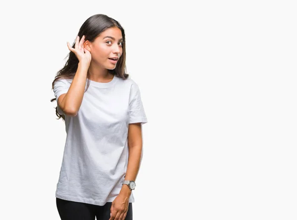 Joven Mujer Árabe Hermosa Sobre Fondo Aislado Sonriendo Con Mano — Foto de Stock