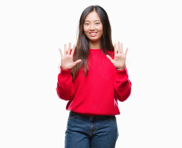 Junge Asiatische Frau Trägt Winterpullover Über Isoliertem Hintergrund Und Zeigt — Stockfoto