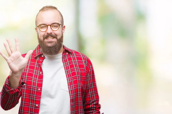 Young Caucasian Hipster Man Wearing Glasses Isolated Background Showing Pointing — Stock Photo, Image