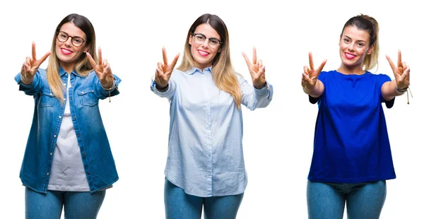 Collage Young Beautiful Woman Wearing Glasses Isolated Background Smiling Looking — Stock Photo, Image