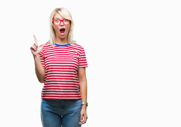 Young Beautiful Blonde Woman Wearing Glasses Isolated Background Pointing Finger — Stock Photo, Image