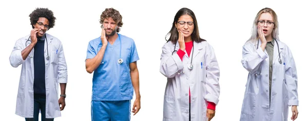 Collage Grupo Médicos Enfermeras Cirujanos Sobre Fondo Aislado Tocando Boca — Foto de Stock
