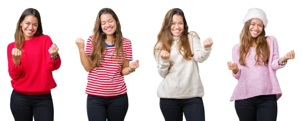 Collage Hermosa Mujer Joven Sobre Fondo Aislado Muy Feliz Emocionado —  Fotos de Stock