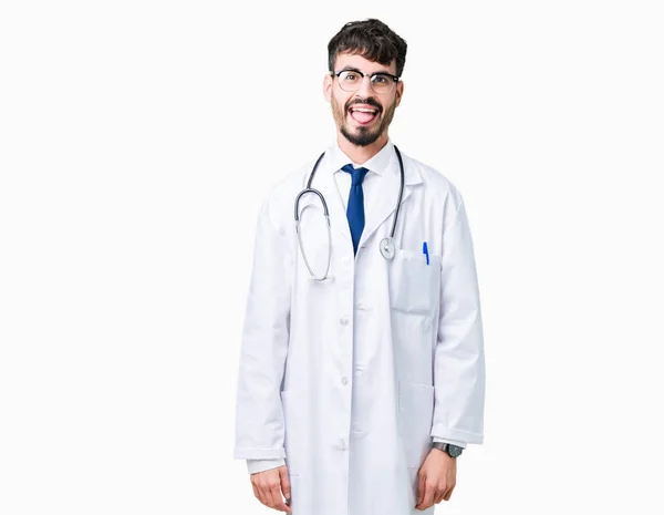 Young Doctor Man Wearing Hospital Coat Isolated Background Sticking Tongue — Stock Photo, Image