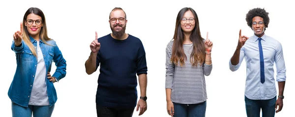 Collage Einer Gruppe Junger Geschäftsleute Vor Isoliertem Hintergrund Die Mit — Stockfoto