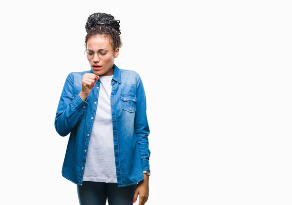 Jovem Trançado Cabelo Afro Americano Menina Vestindo Óculos Sobre Fundo — Fotografia de Stock