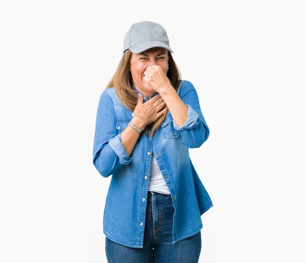 Hermosa Mujer Mediana Edad Que Usa Gorra Deportiva Sobre Fondo —  Fotos de Stock