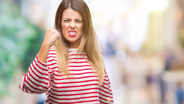 Joven Hermosa Mujer Rayas Informales Suéter Invierno Sobre Fondo Aislado — Foto de Stock