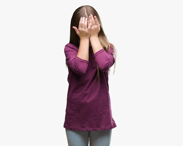 Menina Bonita Jovem Sobre Fundo Isolado Com Expressão Triste Cobrindo — Fotografia de Stock