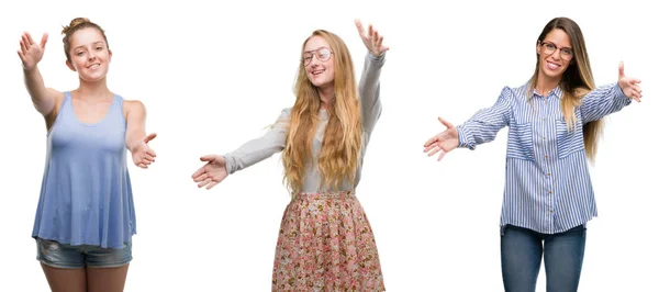 Collage Van Groep Blonde Vrouwen Geïsoleerde Achtergrond Kijken Naar Camera — Stockfoto