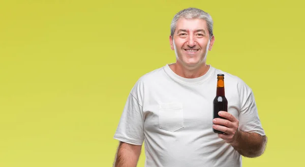 Handsome Senior Man Drinking Beer Bottle Isolated Background Happy Face — Stock Photo, Image