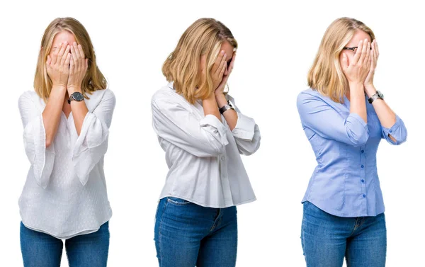 Collage Hermosa Mujer Negocios Rubia Sobre Fondo Blanco Aislado Con —  Fotos de Stock