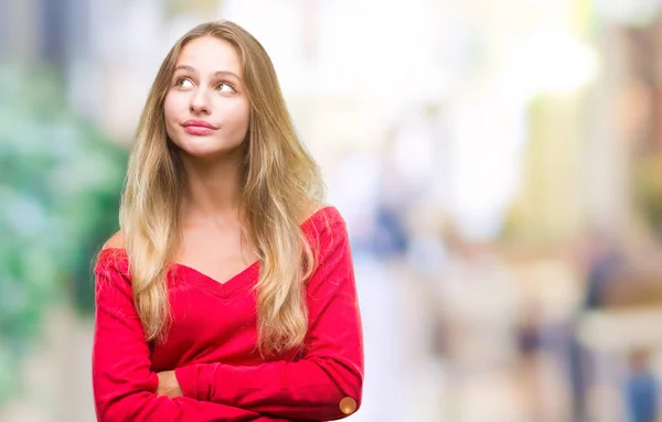 Jonge Mooie Blonde Vrouw Dragen Rode Trui Geïsoleerde Achtergrond Glimlachend — Stockfoto