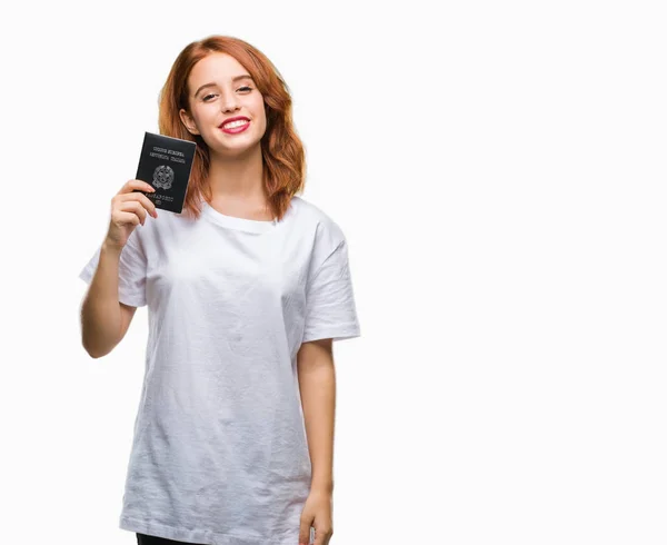 Jovem Bela Mulher Segurando Passaporte Itália Sobre Fundo Isolado Com — Fotografia de Stock