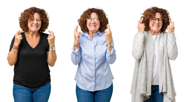 Collage Mezza Età Donna Anziana Sfondo Bianco Isolato Sorridente Incrociando — Foto Stock