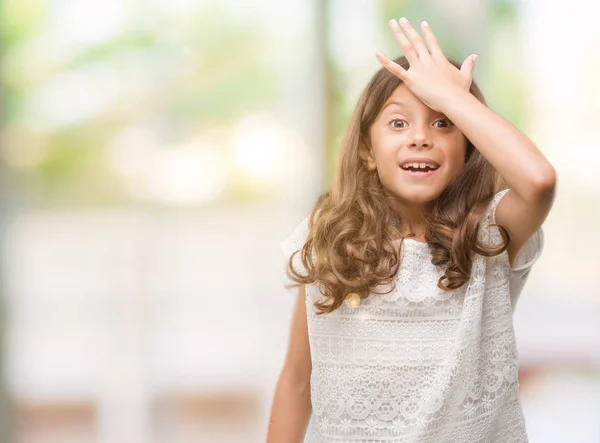 Brunette Hispanic Girl Surprised Hand Head Mistake Remember Error Forgot — Stock Photo, Image