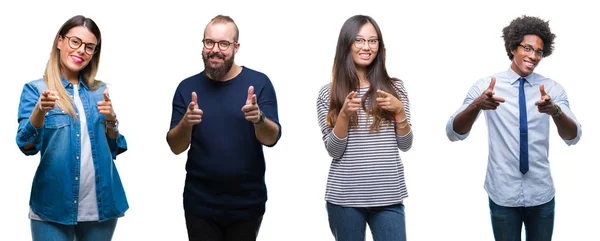 Collage Gruppen Unga Företagare Över Isolerade Bakgrund Pekande Fingrar Till — Stockfoto