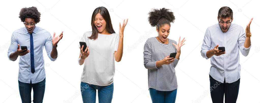Collage of people texting sending message using smartphone over isolated background very happy and excited, winner expression celebrating victory screaming with big smile and raised hands