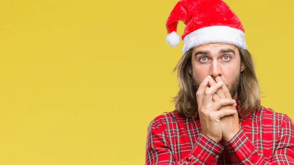 Junger Gutaussehender Mann Mit Langen Haaren Weihnachtsmann Mütze Über Isoliertem — Stockfoto