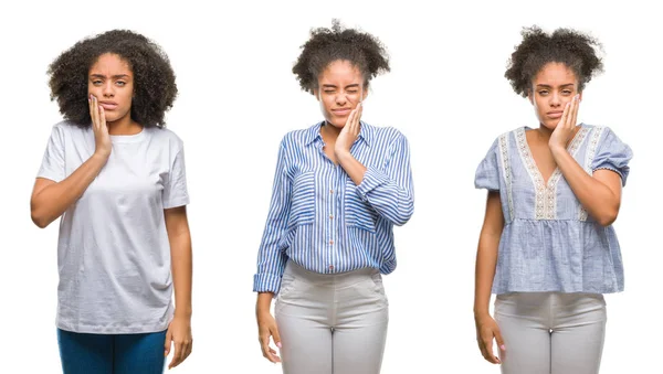 Collage Afroamerikanska Kvinnan Över Isolerade Bakgrund Att Röra Munnen Med — Stockfoto