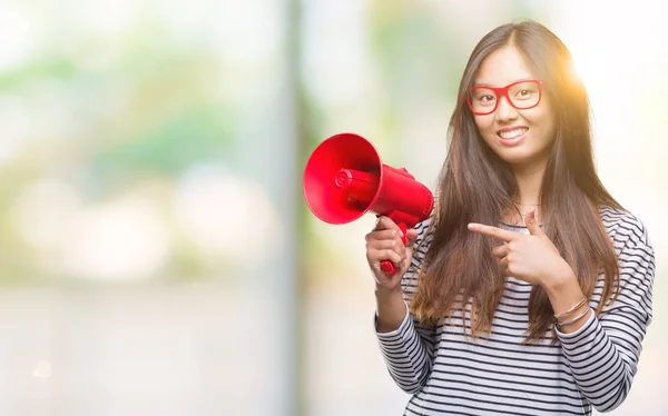 Young Asian Woman Holding Megaphone Isolated Background Very Happy Pointing — Stock Photo, Image