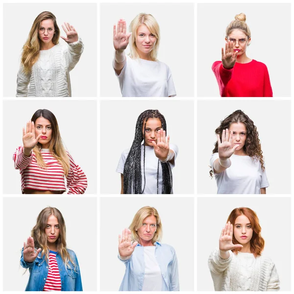 Collage Grupo Mujeres Jóvenes Mayores Sobre Fondo Aislado Haciendo Dejar —  Fotos de Stock