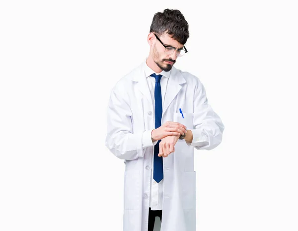 Young Professional Scientist Man Wearing White Coat Isolated Background Checking — Stock Photo, Image