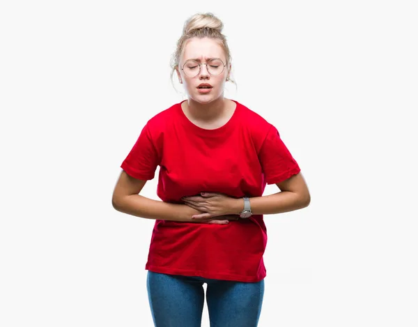 Young Blonde Woman Wearing Glasses Isolated Background Hand Stomach Because — Stock Photo, Image