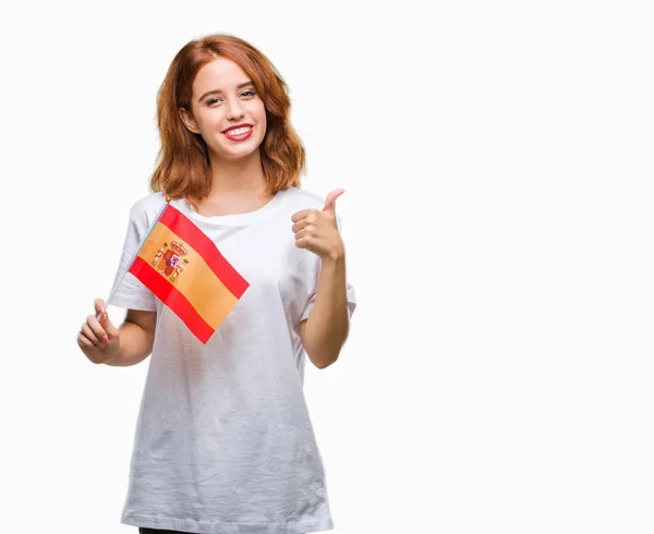 Junge Schöne Frau Hält Fahne Von Spanien Über Isoliertem Hintergrund — Stockfoto