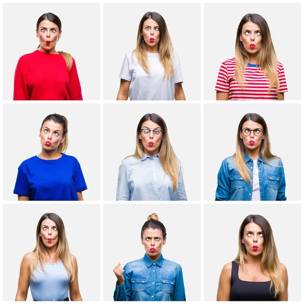 Collage Unga Vackra Kvinnan Över Isolerade Bakgrund Gör Fisk Ansikte — Stockfoto