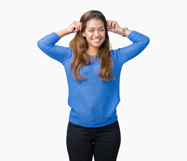 Young Beautiful Brunette Woman Wearing Blue Sweater Isolated Background Smiling — Stock Photo, Image