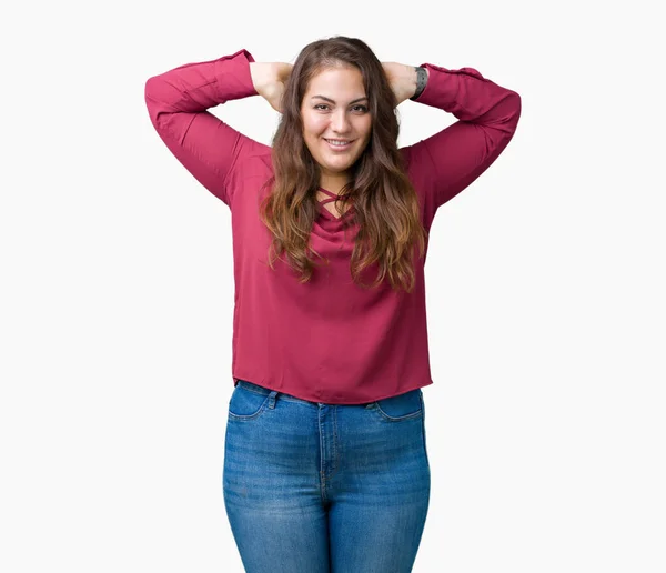 Mooie Grootte Jonge Vrouw Geïsoleerde Achtergrond Ontspannen Uitrekken Zich Met — Stockfoto