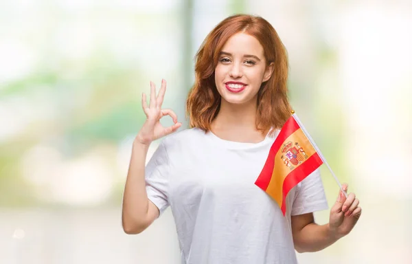 Jeune Belle Femme Tenant Drapeau Espagne Sur Fond Isolé Faisant — Photo