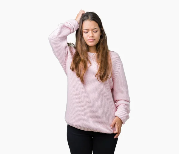 Junge Schöne Brünette Frau Trägt Rosa Winterpullover Über Isoliertem Hintergrund — Stockfoto