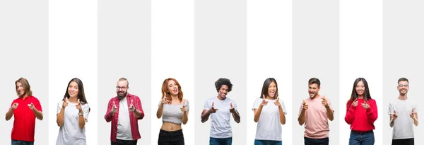 Collage Diferentes Etnias Jóvenes Sobre Rayas Blancas Fondo Aislado Señalando — Foto de Stock