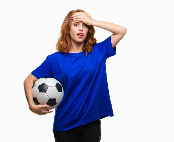 Young Beautiful Woman Isolated Background Holding Soccer Football Ball Stressed — Stock Photo, Image