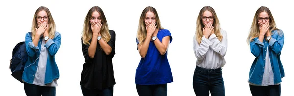 Collage Young Beautiful Blonde Woman Isolated Background Shocked Covering Mouth — Stock Photo, Image