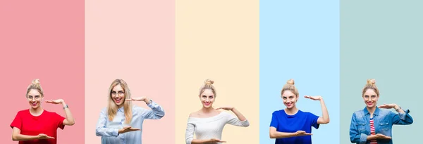 Collage Van Mooie Blonde Vrouw Kleurrijke Strepen Geïsoleerd Achtergrond Gebaren — Stockfoto
