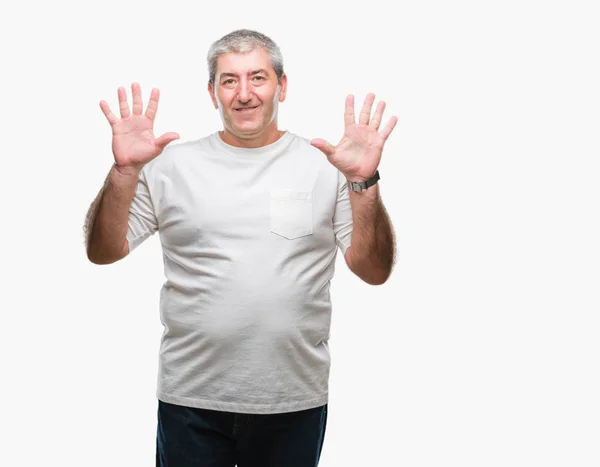 Hombre Mayor Guapo Sobre Fondo Aislado Mostrando Señalando Con Los —  Fotos de Stock